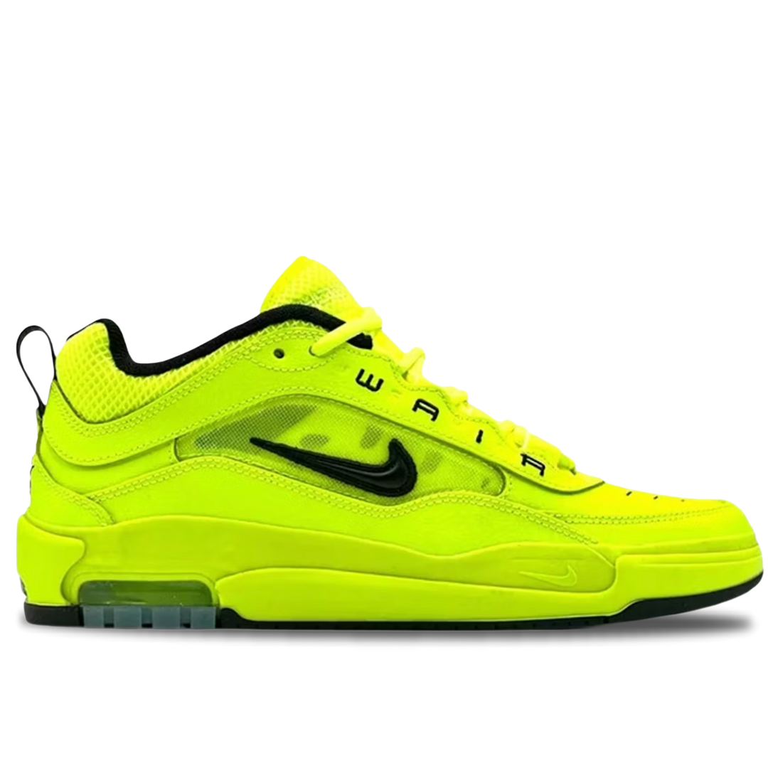 Neon green sneaker with black accents on a white background