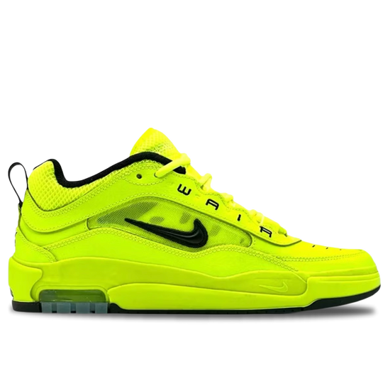 Neon green sneaker with black accents on a white background