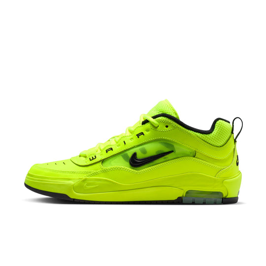 Bright green sneaker with black accents on a white background