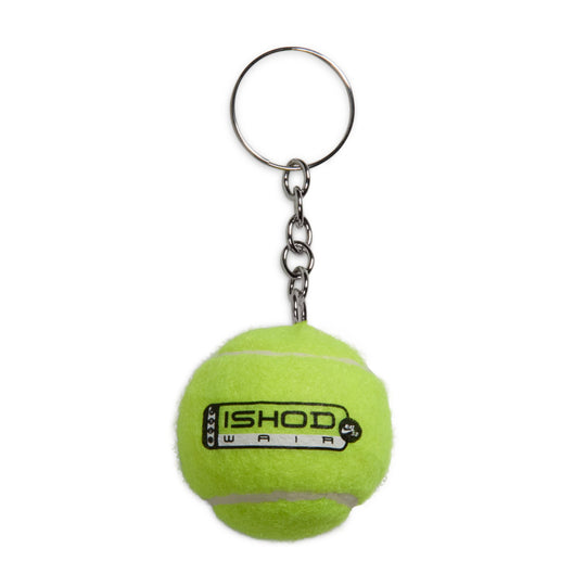 Green tennis ball keychain with a brand logo on a white background