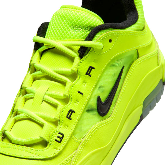 Neon green sneaker with black Nike logo on a white background