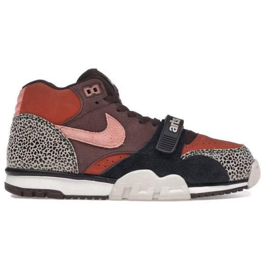 Multicolored sneaker with a distinctive design on a white background