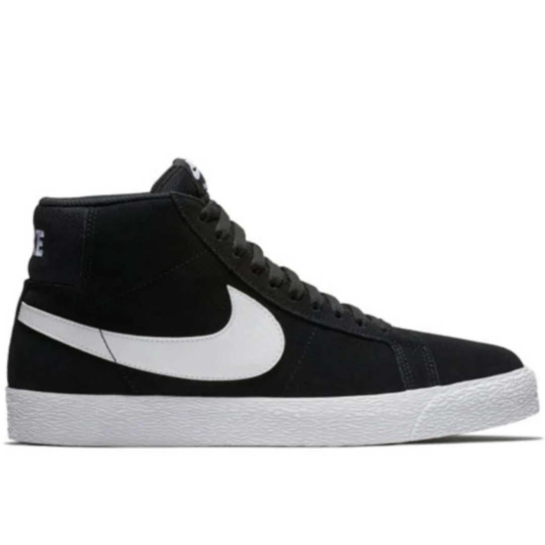 Black high-top sneaker with white swoosh logo on a white background