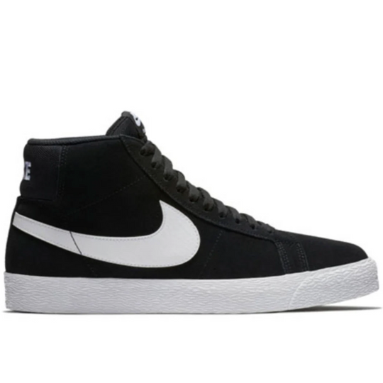 Black high-top sneaker with white swoosh logo on a white background