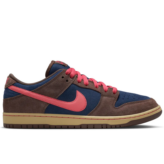 Nike SB DUNK sneaker with brown, red, and blue color scheme 