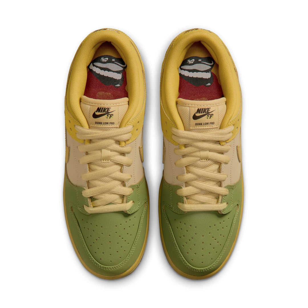 A pair of Nike Air Force 1 Low Pro sneakers shown from a top-down view. The shoes feature a sage green leather upper, cream-colored overlays and laces, a yellow collar and midsole, and a red and black graphic print on the inner lining.