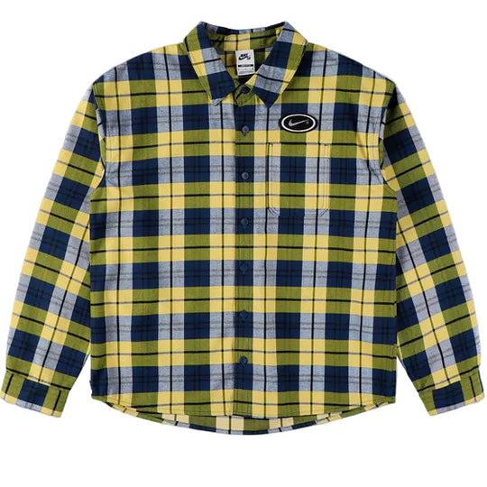 Plaid shirt with green and blue pattern and a nike swoosh patch
