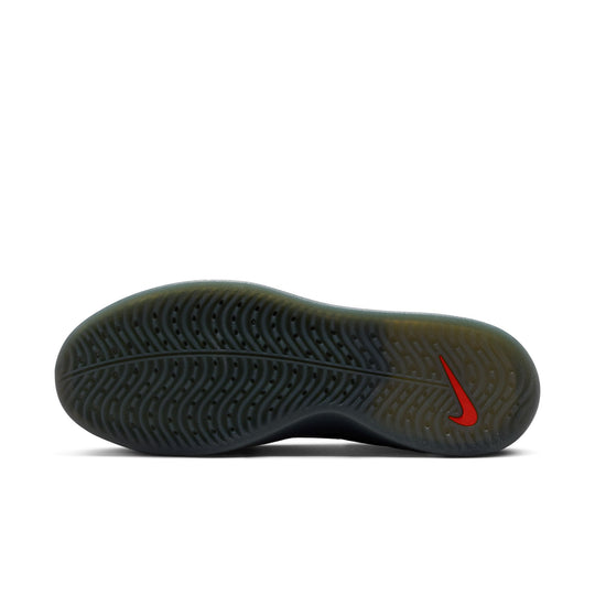 Black sneaker sole with red swoosh logo on a white background