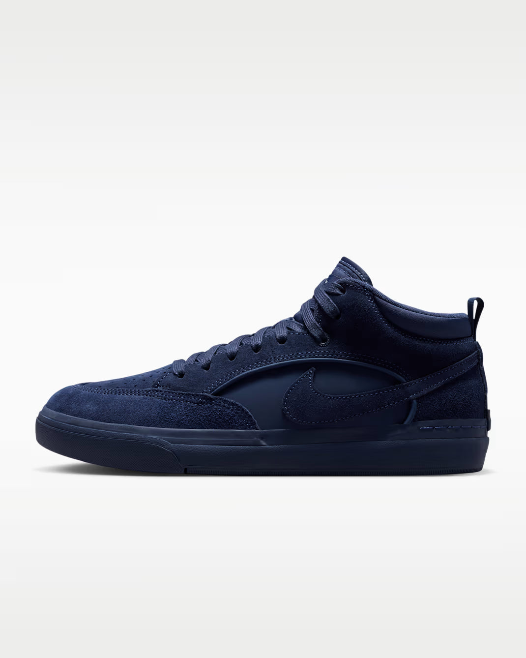 A dark navy blue suede high-top sneaker with a matching dark sole, shown in a side profile on a light gray background.
