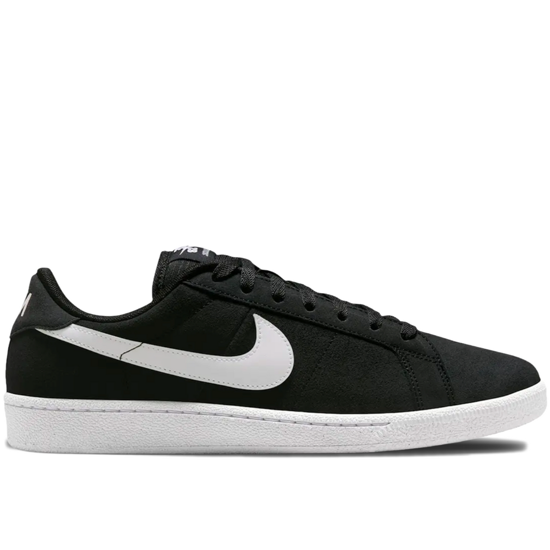 A black Nike low-top sneaker with a white Swoosh and a white rubber sole, shown in a side profile on a white background.