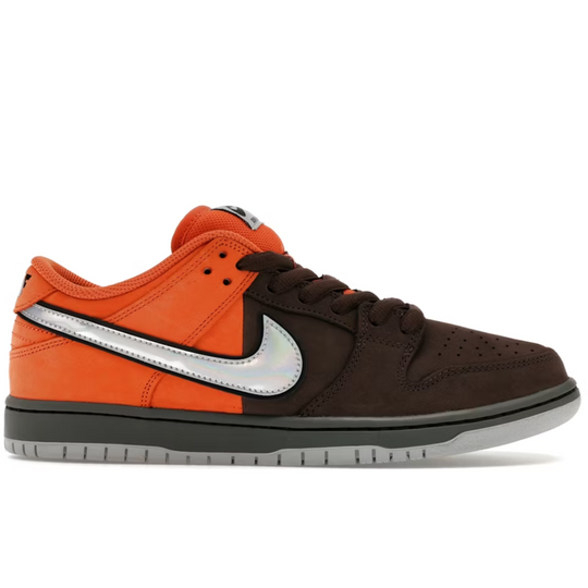 Orange and brown nike sb dunk sneaker with a silver swoosh