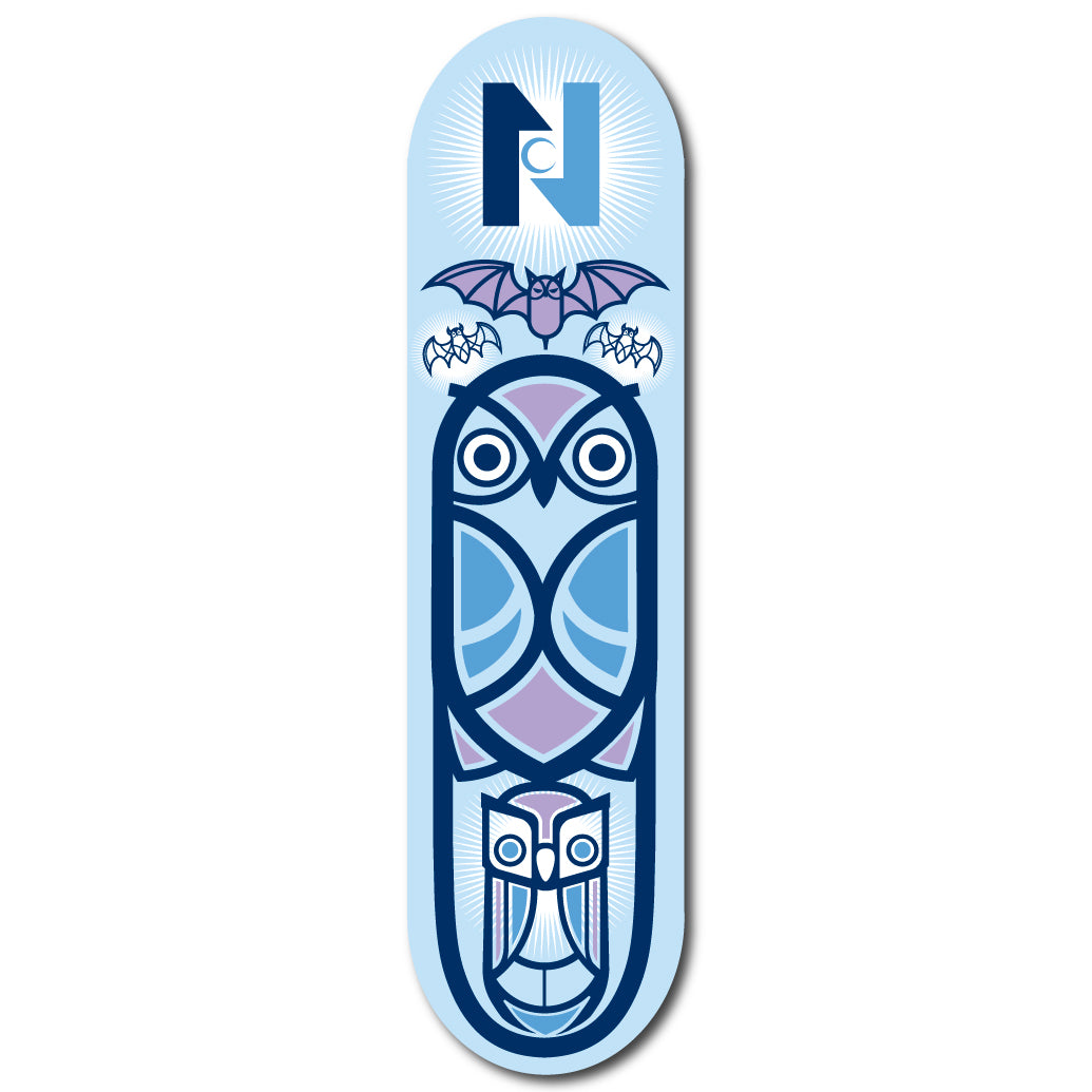 Skateboard deck with owl design and brand logo on a light blue background
