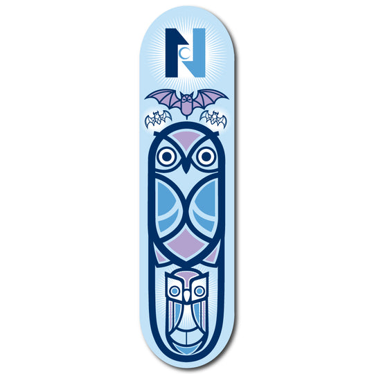 Skateboard deck with owl design and brand logo on a light blue background
