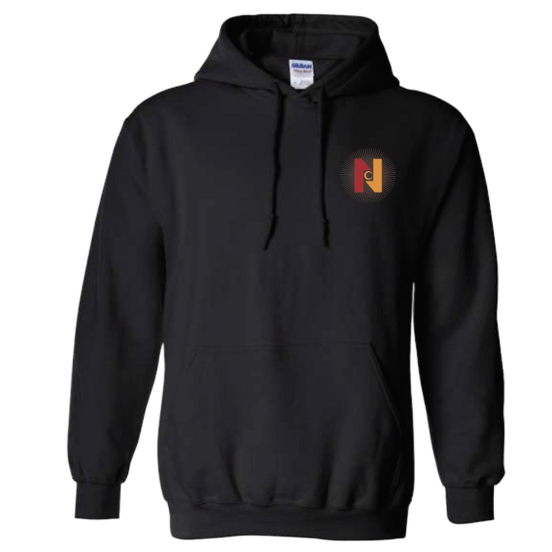 Black hoodie with a logo on the chest against a white background