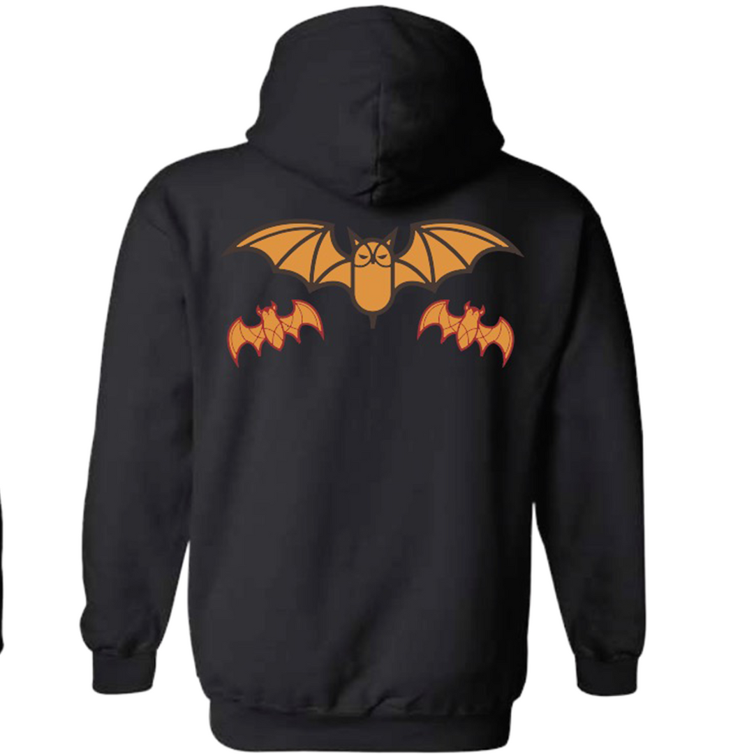 Black hoodie with orange bat design on the back against a white background