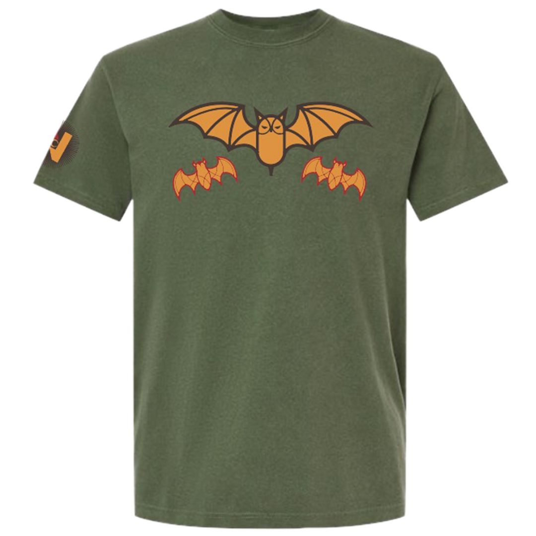 Green t-shirt with orange bat graphics on a white background