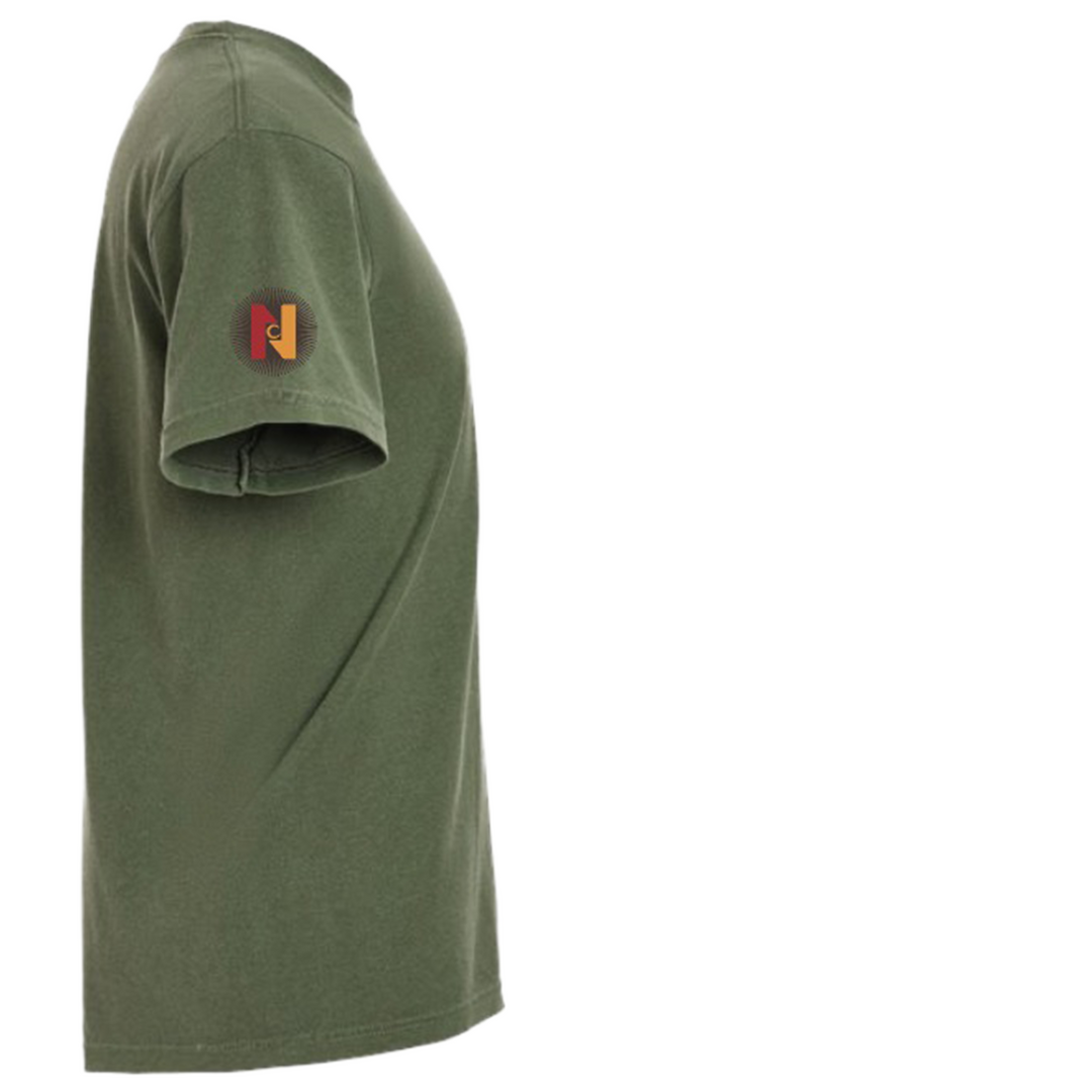 Green t-shirt with a logo on the sleeve against a white background