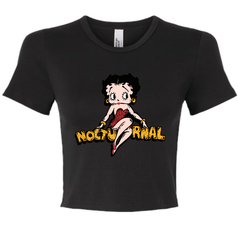 Black t-shirt with Betty Boop graphic and 'Nocturnal'
