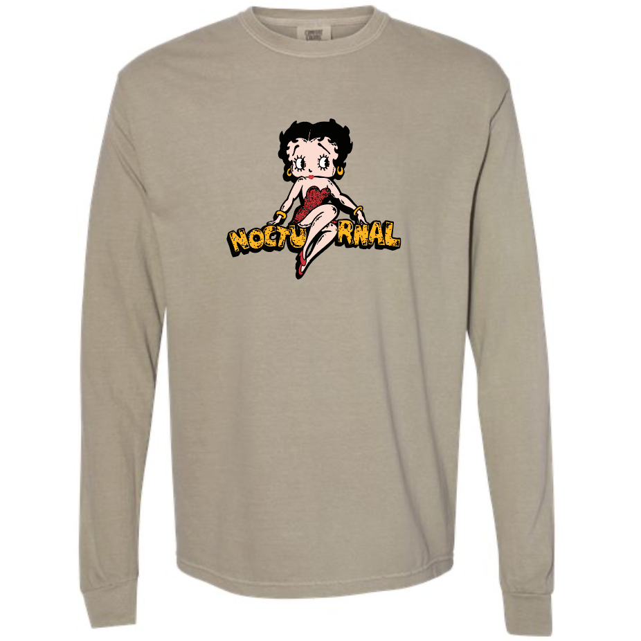 Beige long-sleeve shirt with Betty Boop graphic and 'Nocturnal' 