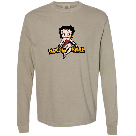 Beige long-sleeve shirt with Betty Boop graphic and 'Nocturnal' 