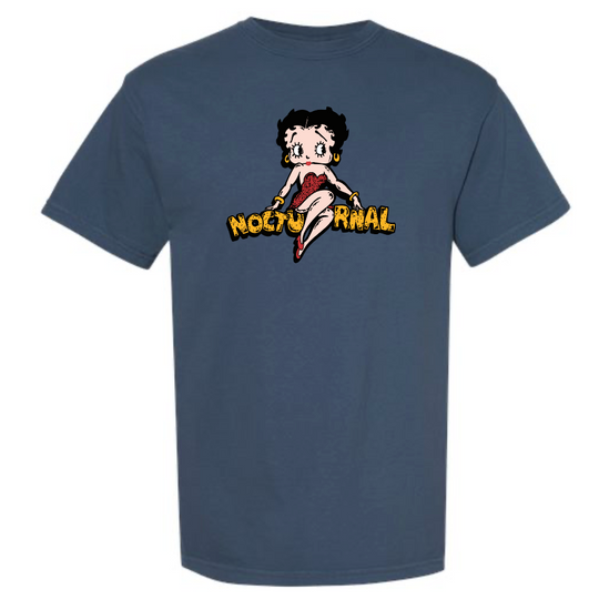 Navy blue t-shirt with Betty Boop graphic and 'Nocturnal'