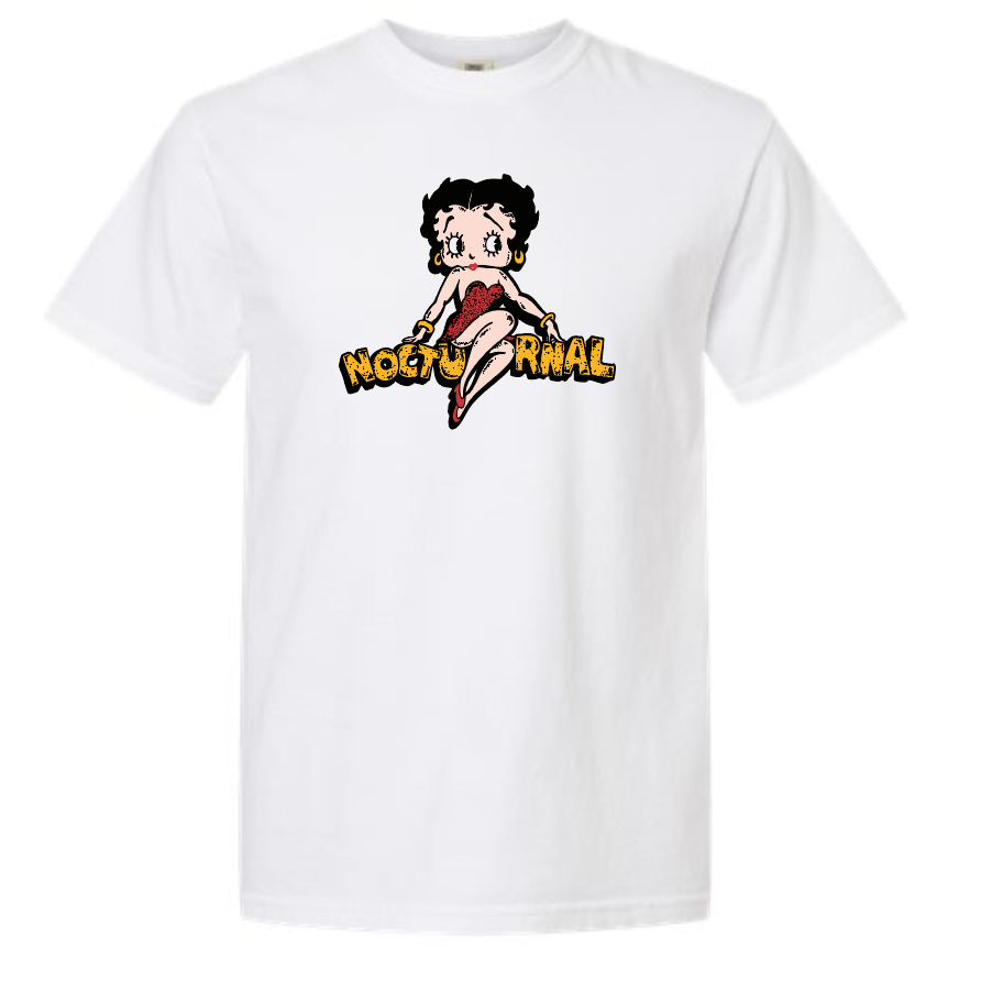 White t-shirt with Betty Boop graphic and 'Nocturnal' 