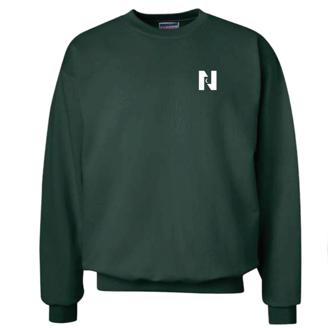 Green sweatshirt with a logo on the chest against a white background