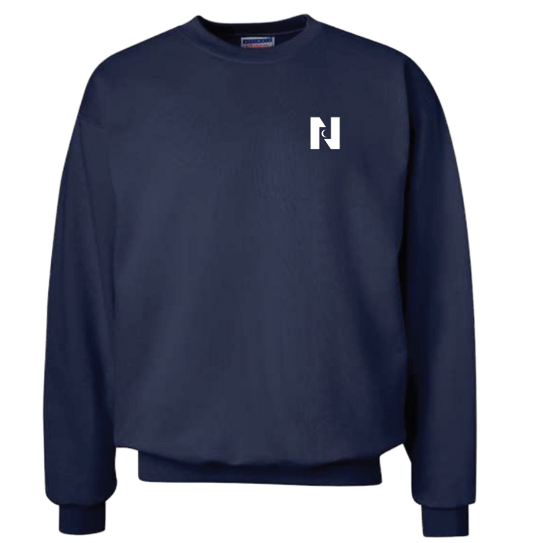 Navy blue sweatshirt with a white logo on a white background