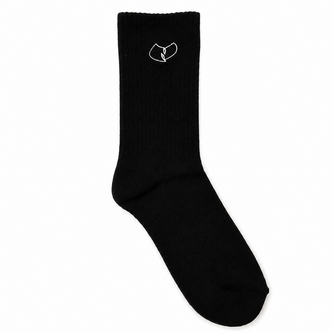A single black crew sock with a small white embroidered logo on the ribbed cuff, displayed against a solid white background.