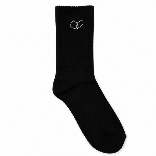 A single black crew sock with a small white embroidered logo on the ribbed cuff, displayed against a solid white background.