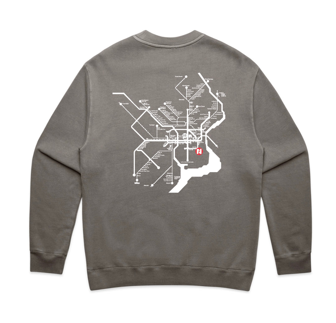 Gray sweatshirt with a white philly subway map design on the back 