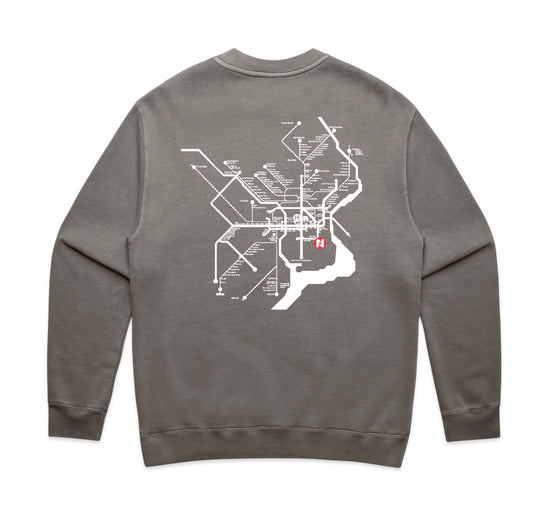 Gray sweatshirt with a white philly subway map design on the back 