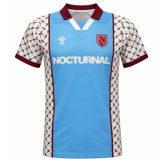 Soccer jersey with 'Nocturnal' logo with powder blue maroon and white