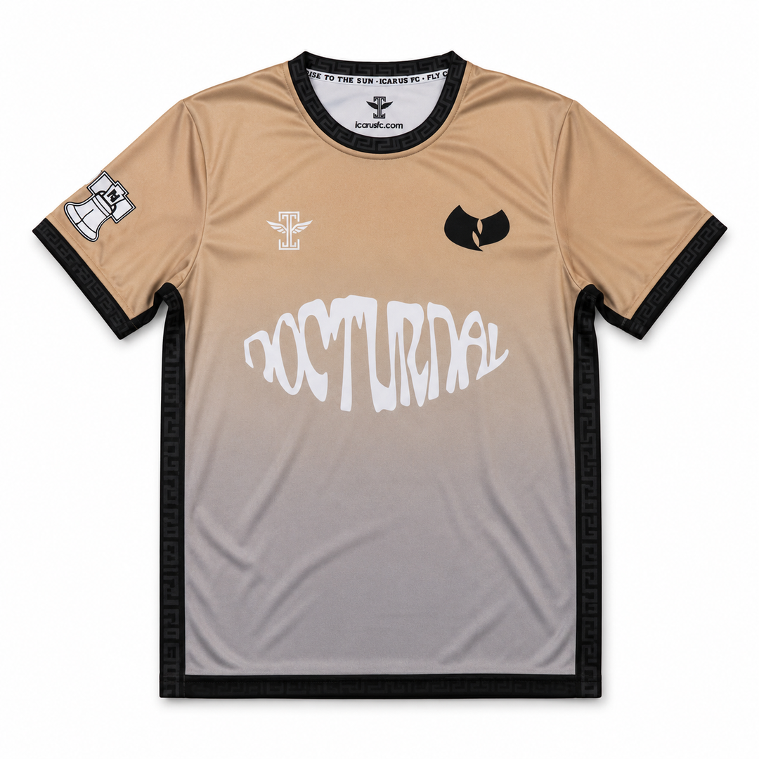 Beige sports jersey with branding and text on a white background