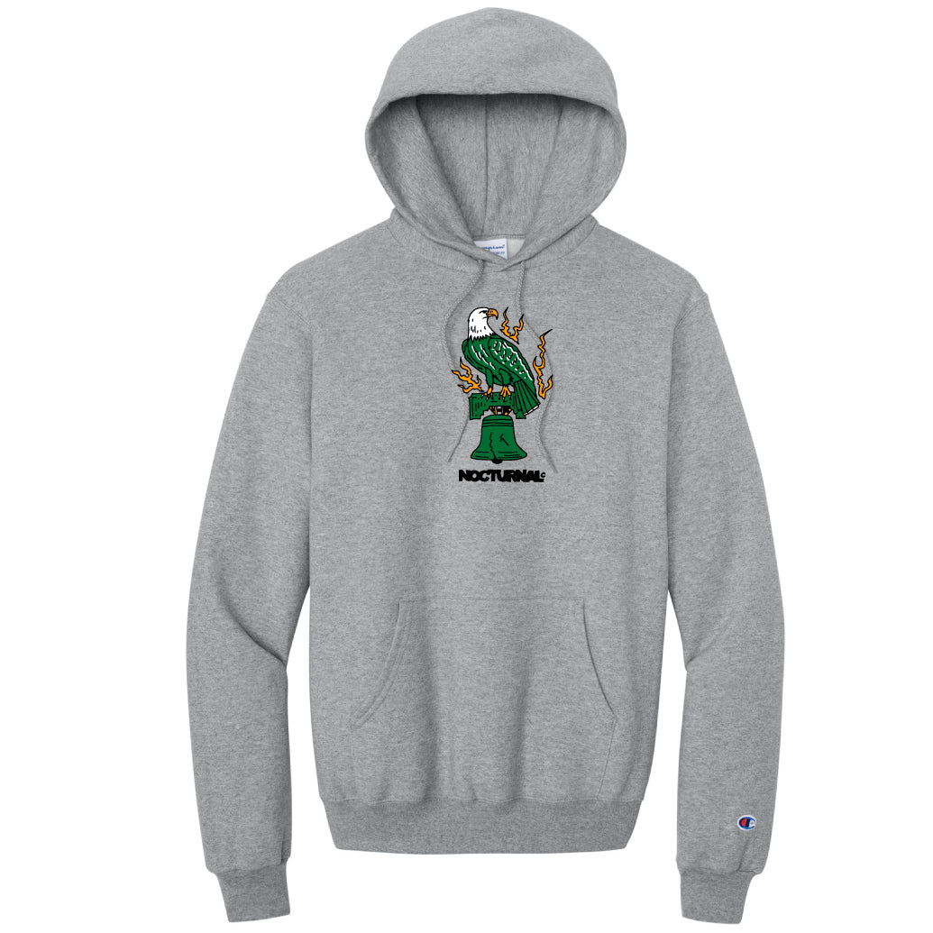 A heather gray pullover hoodie with a front kangaroo pocket and a graphic of a green snake wrapped around a bell with the text &