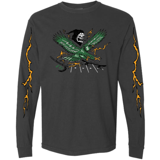 A dark charcoal gray long-sleeve t-shirt featuring a graphic of a green angel with a skull in its eye socket, holding a scythe, with yellow lightning bolts running down both sleeves.