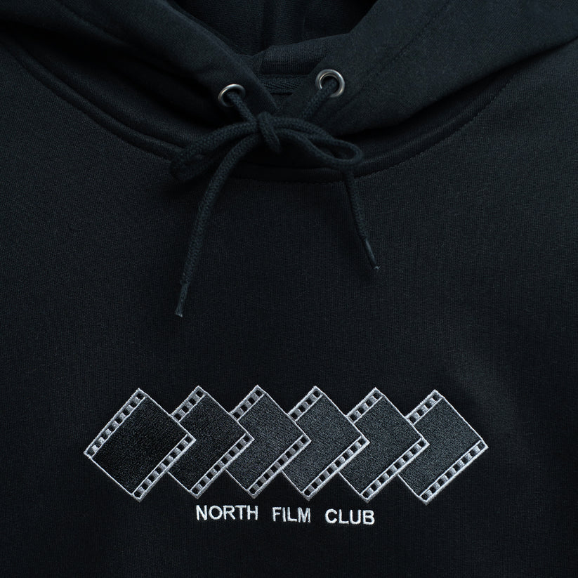 Black hoodie with embroidered 'North Film Club' logo 