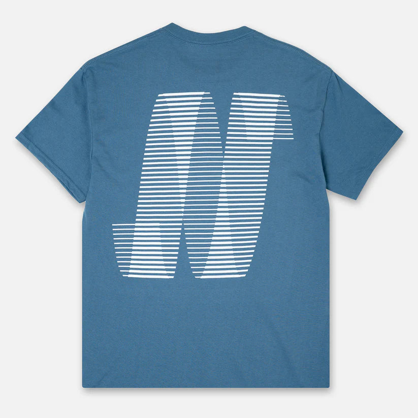 Blue t-shirt with a white North design on the back against a white background