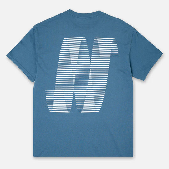 Blue t-shirt with a white North design on the back against a white background