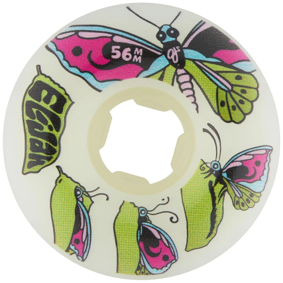 Skateboard wheel with butterfly design and '56M' marking on a white background