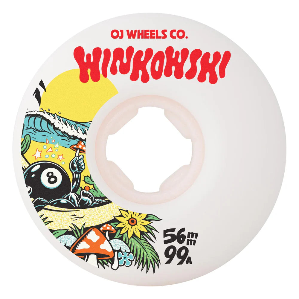 OJ Wheels Co. skateboard wheel with colorful design and text 