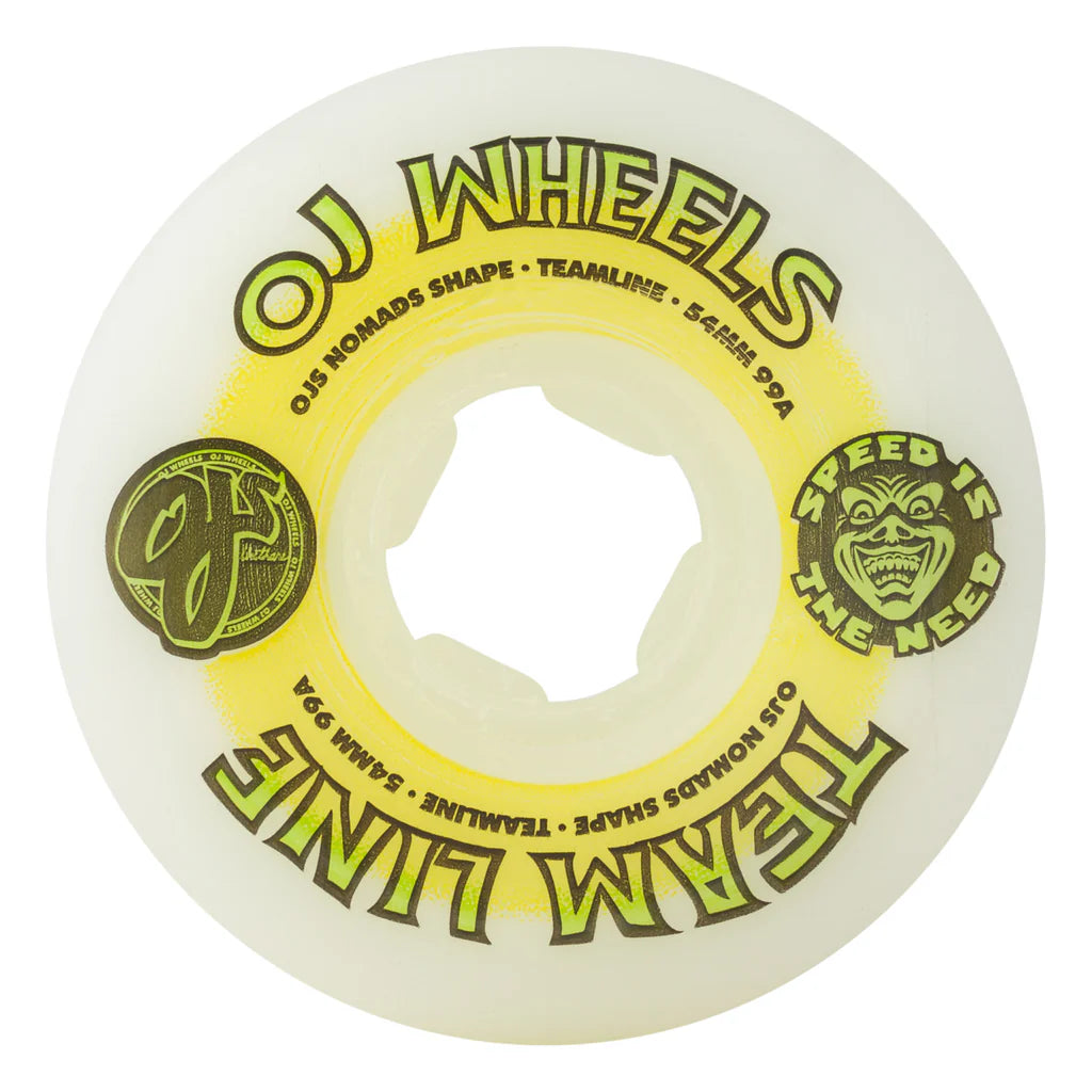 OJ Wheels skateboard wheel with yellow and green text on a white background