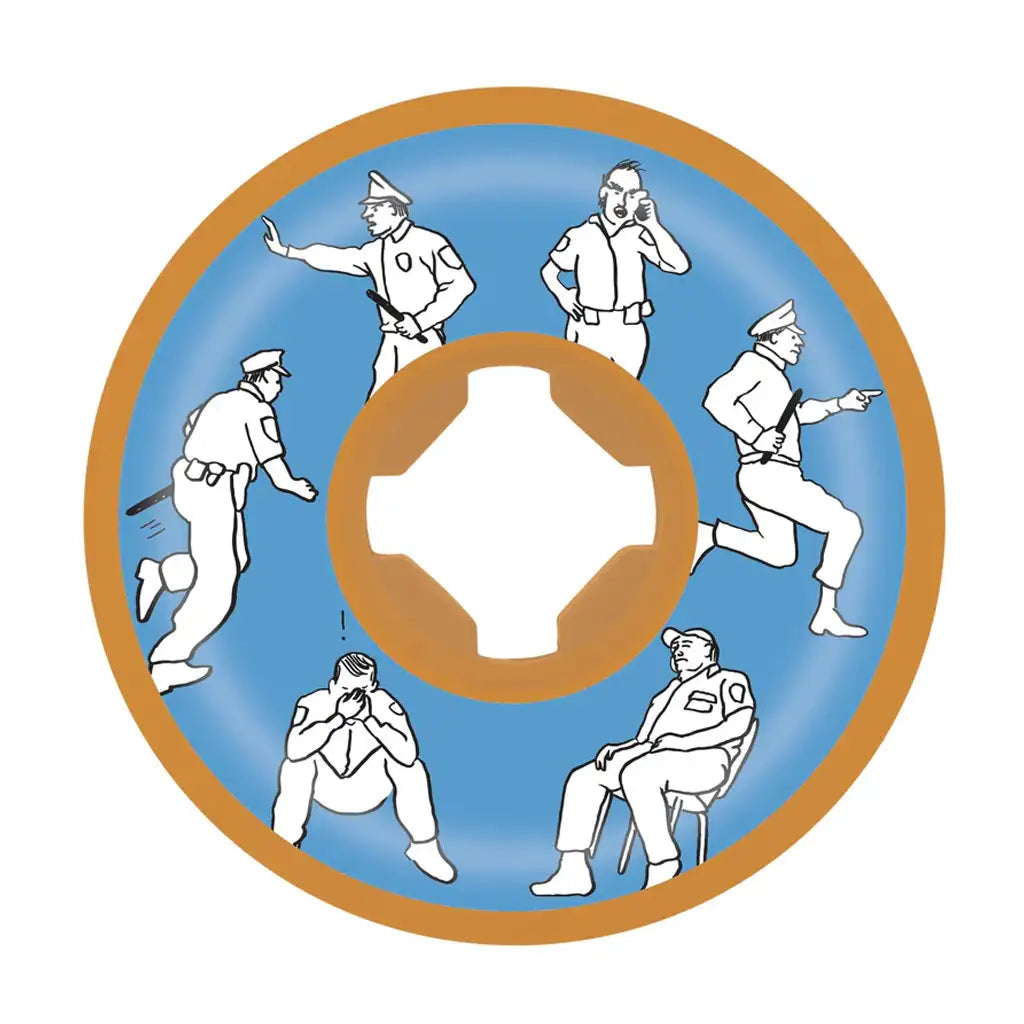Circular emblem with six black and white illustrations of a person in various poses on a blue background.