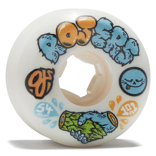 Skateboard wheel with colorful graphics and text on a white background