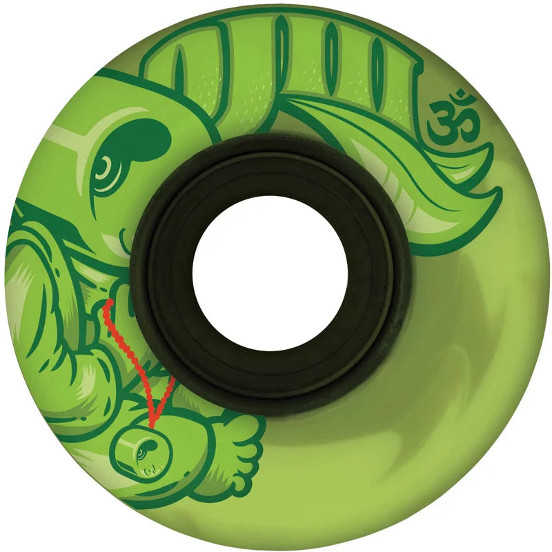 Green skateboard wheel with black center and intricate design on a white background
