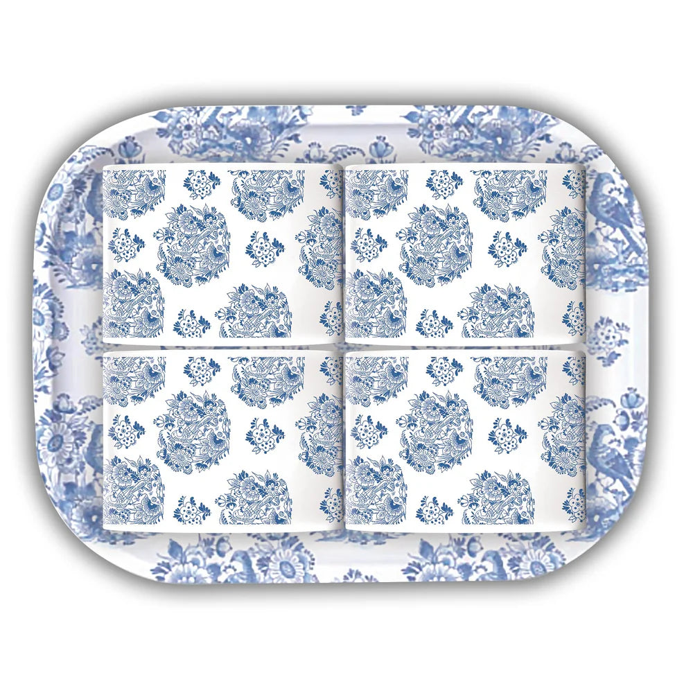 Rectangular tray with blue floral pattern  wheels