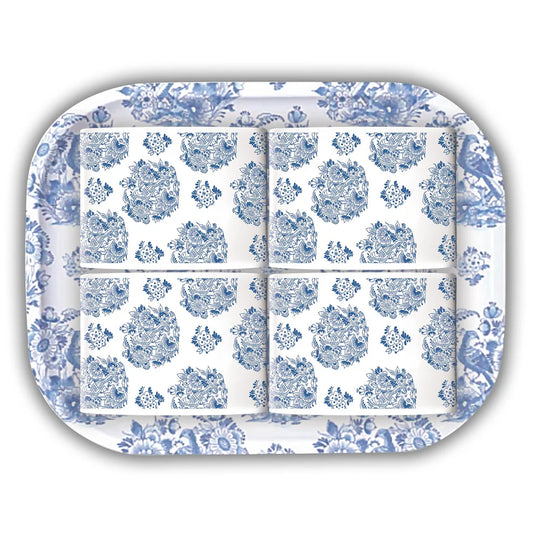 Rectangular tray with blue floral pattern  wheels