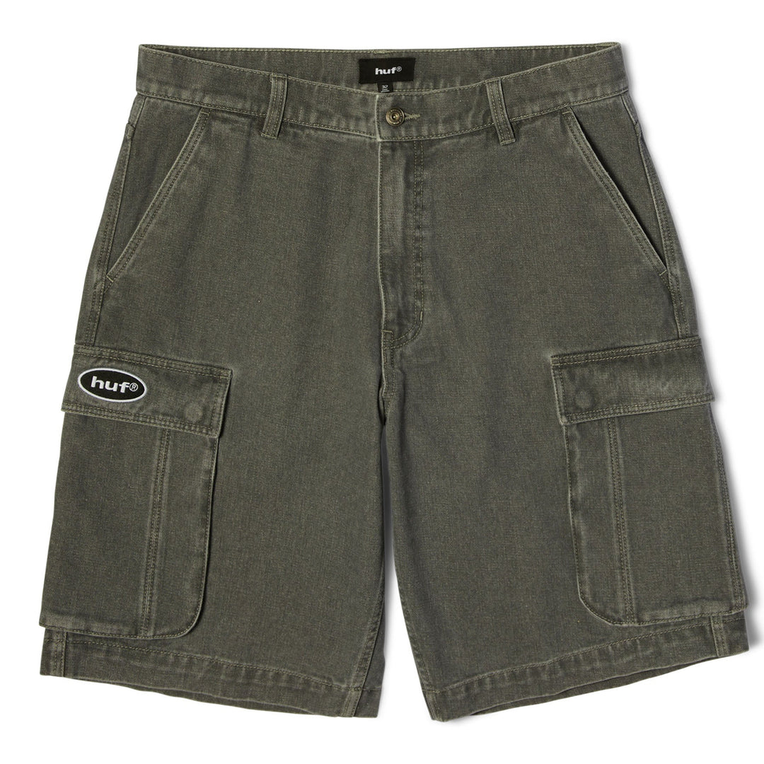 Green cargo shorts with a brand logo on a white background