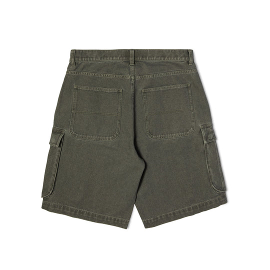 Back view of green cargo shorts on a white background