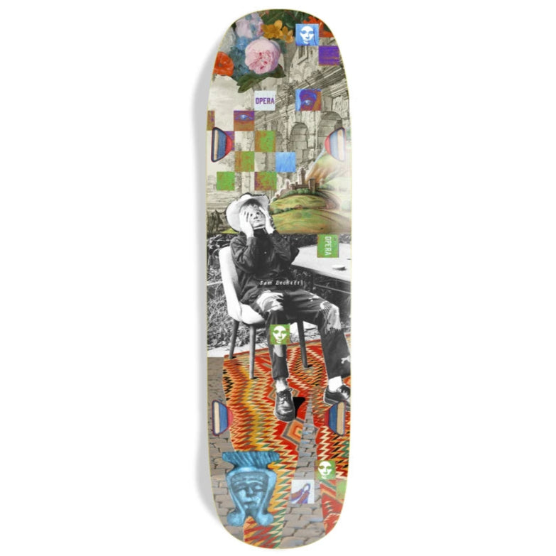 Skateboard deck with artistic design featuring a person, colorful patterns, and abstract elements.